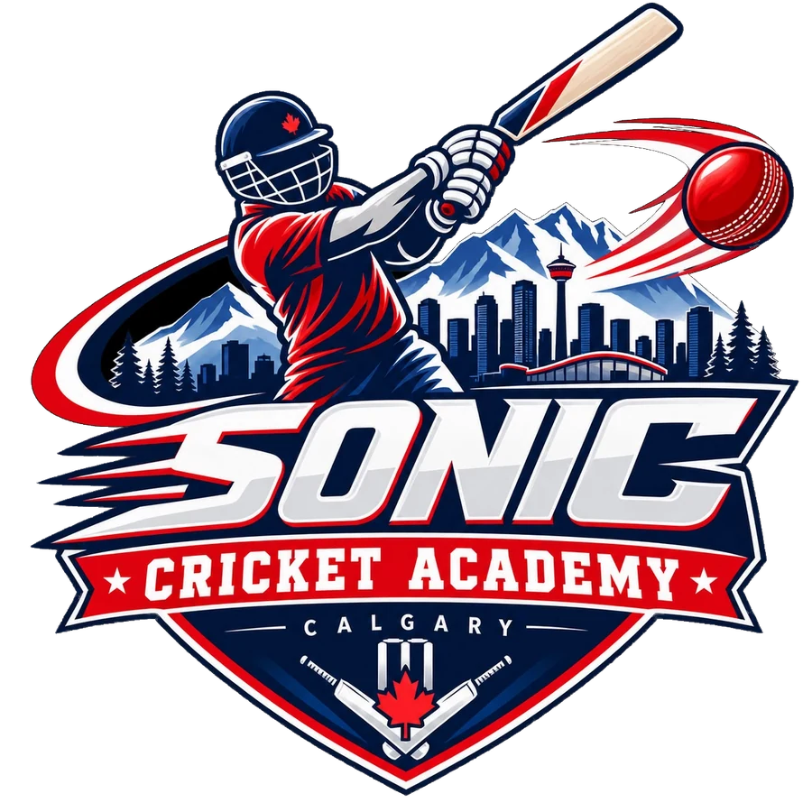 Sonic Cricket Academy Calgary crest: a batter in red and navy in front of the Rockies and the Calgary skyline
